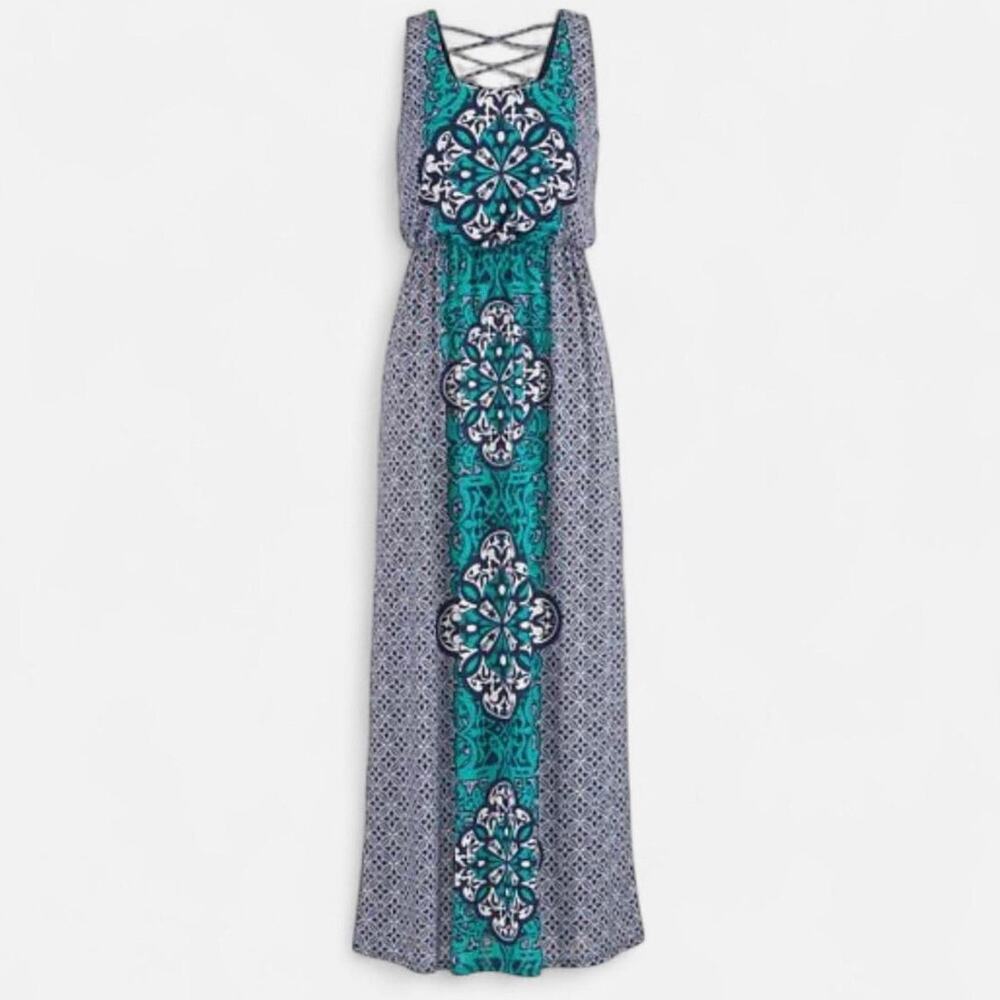 Maurice’s Navy Blue and Teal Cross Back Sleeveless Maxi Dress Size L